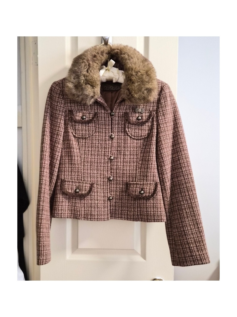 Womens Brown Tweed Jacket with Faux Fur Collar